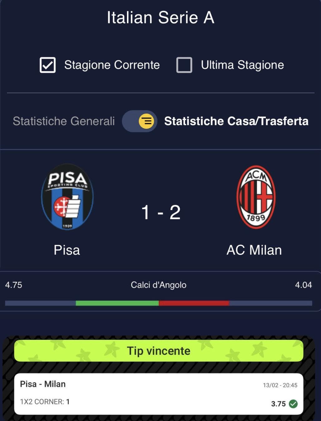Colpo non scontato - Pisa vs Milan corner stats